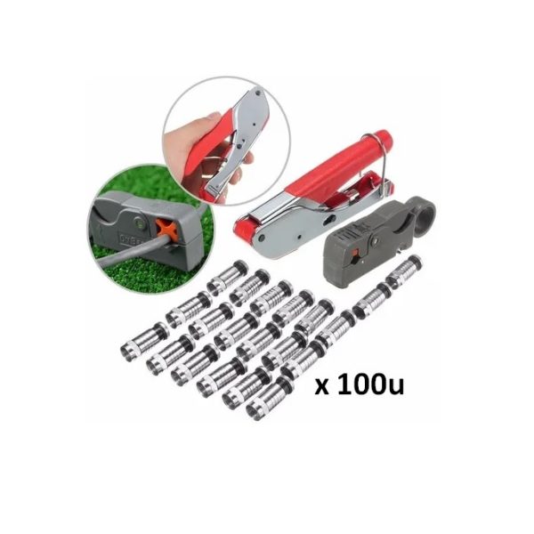 Pack Crimpeadora Coaxial Rg6 Pela Cable 100 Terminales Rg6